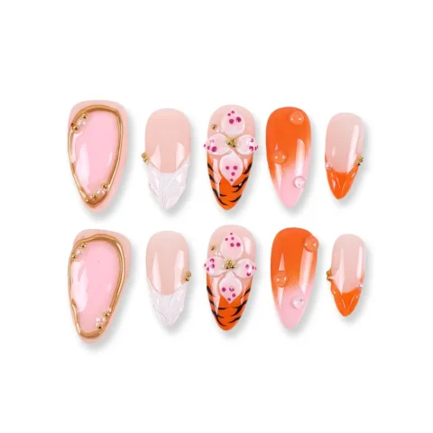 Pink French with Orange Ombre, Tiger-Print Buds, and Gold Bead Accents Press-On Nails