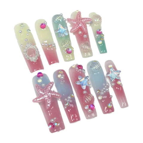 Long water pipe manicure multi-color irregular gradual change aquarium Handmade press on nails wearable fake nail