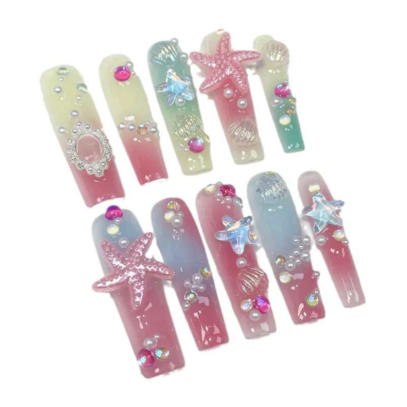 Long water pipe manicure multi-color irregular gradual change aquarium Handmade press on nails wearable fake nail