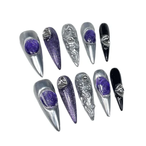 Handmade press on nails long pointed flash trade metal sweet cool retro style nail patch wearable fake nails